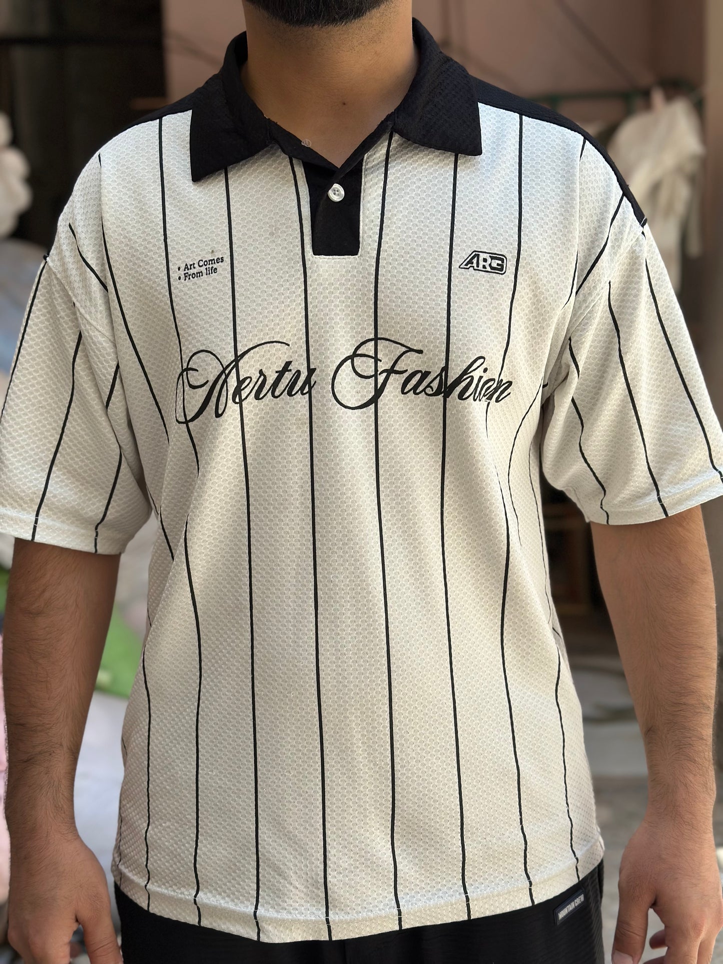 Men's Oversized Pinstripe Polo Shirt - Retro Streetwear Style