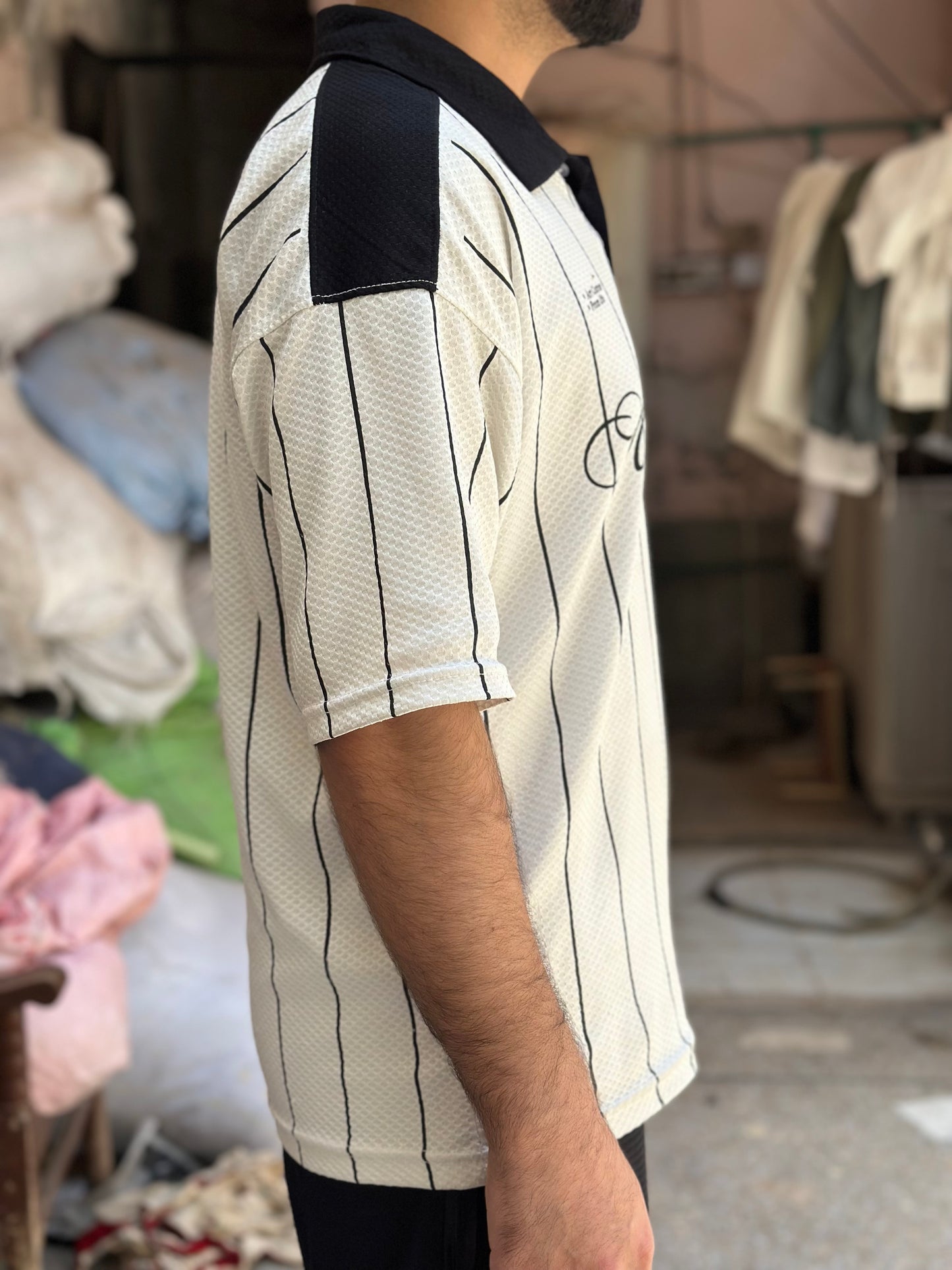 Men's Oversized Pinstripe Polo Shirt - Retro Streetwear Style