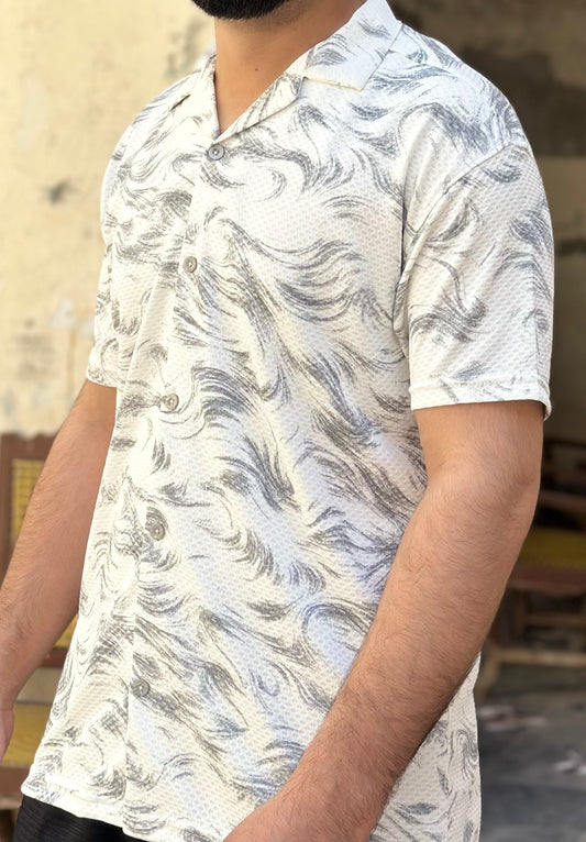 Men's Abstract Wave Print Cuban Collar Shirt - Off-White & Grey