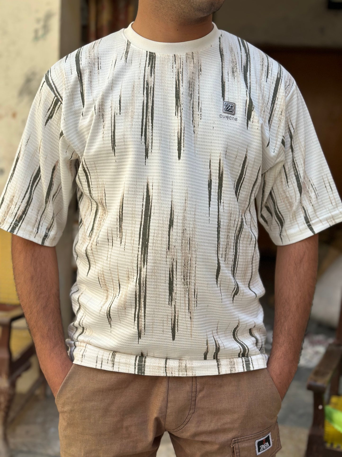Textured Vertical Stripe Oversized T-Shirt - Off-White