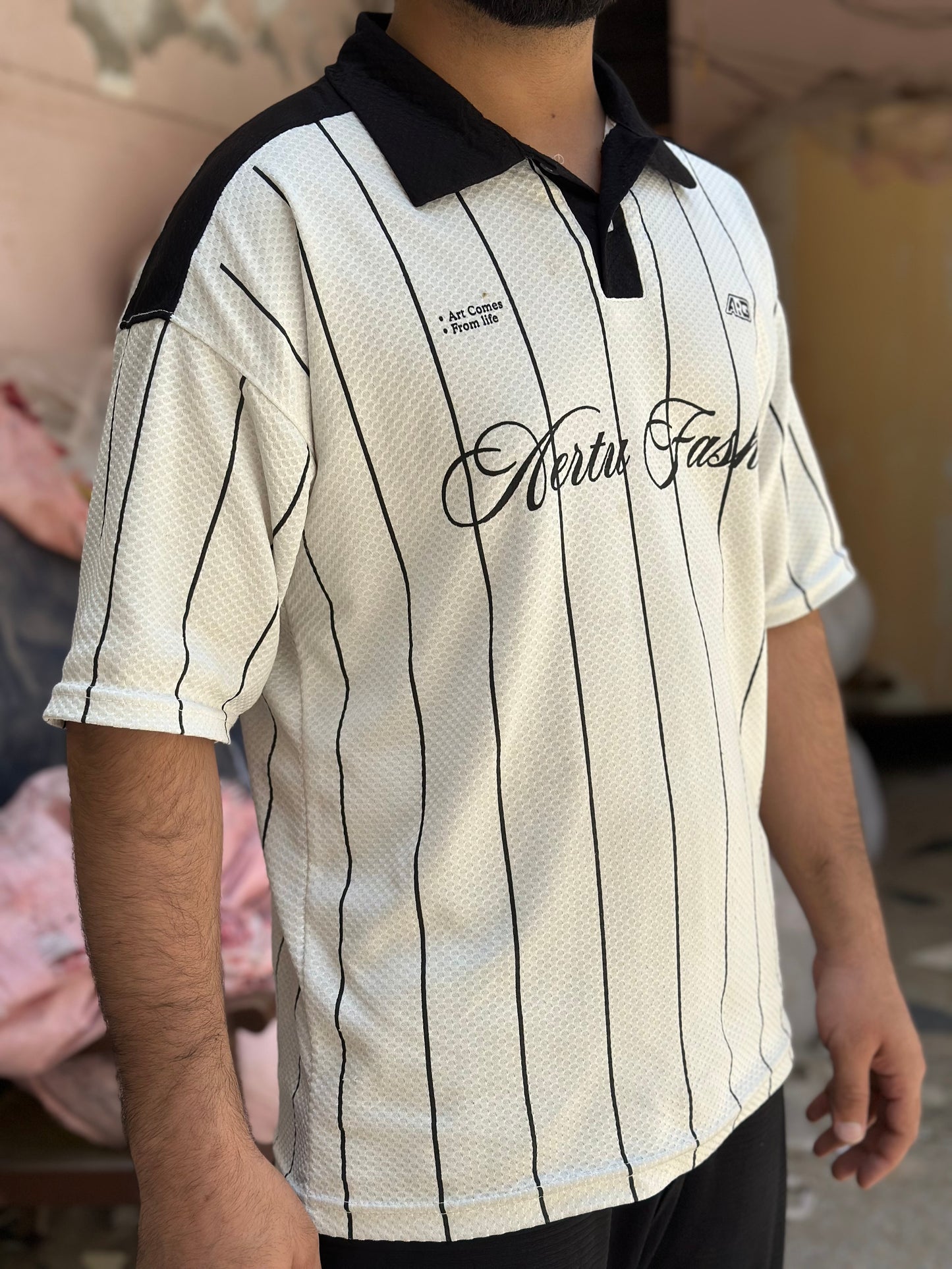 Men's Oversized Pinstripe Polo Shirt - Retro Streetwear Style