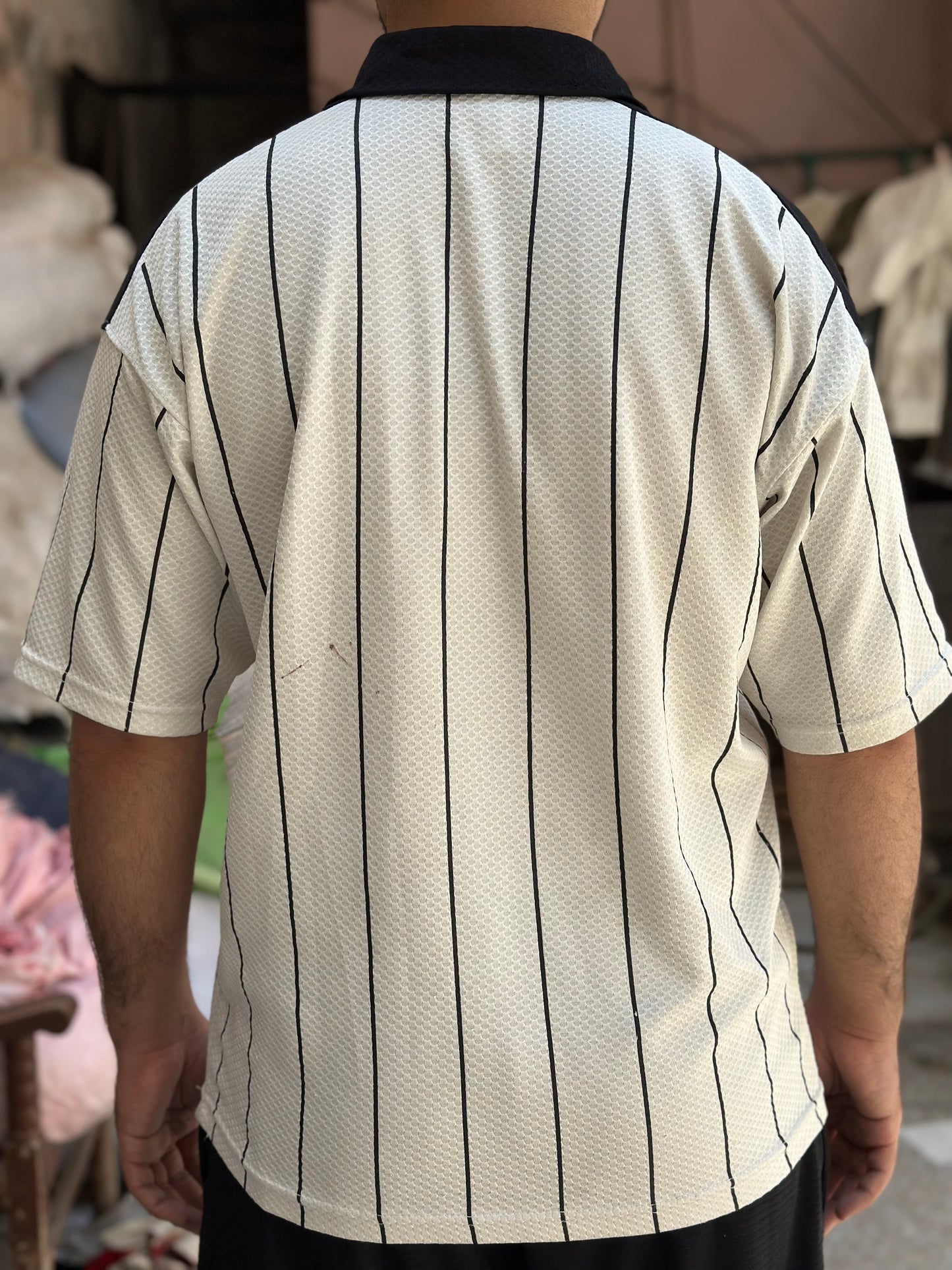 Men's Oversized Pinstripe Polo Shirt - Retro Streetwear Style